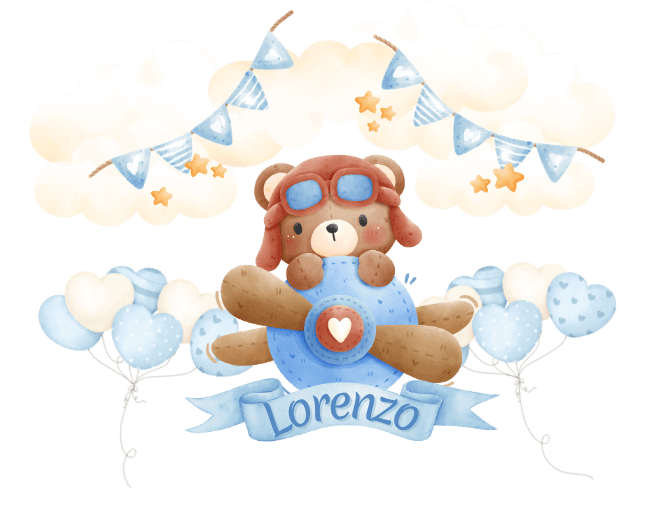 Ilustración de Lorenzo con avioncito, nubes y globos